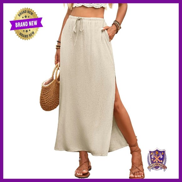 Dresses & Skirts - Linen Maxi Skirt with Pockets, Elastic Waist, Side Slit, Flowy Ankle-Length